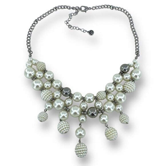 Faux Pearl Bib Style Dangle Beads With Ball Beads Silver Plated Chain necklace b - Picture 9 of 9